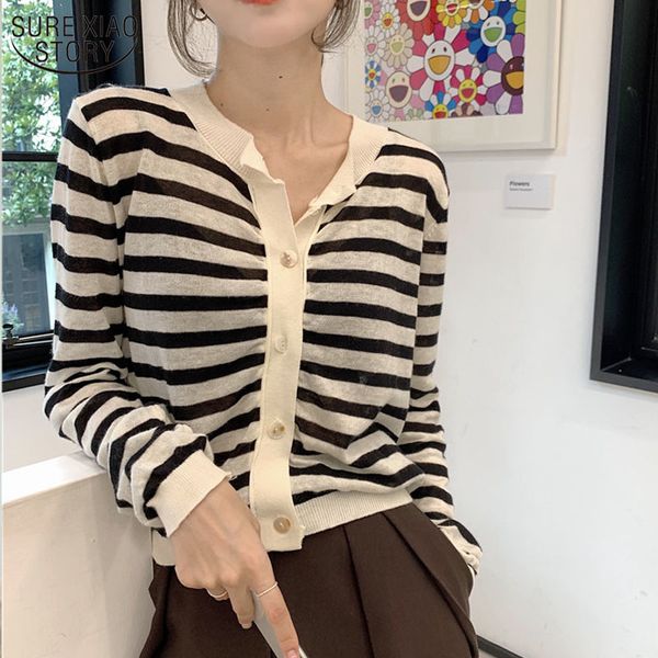 

spring loose thin o-neck short coat female college style striped cardigan korean knitted wild blouse women 12896 210508, White