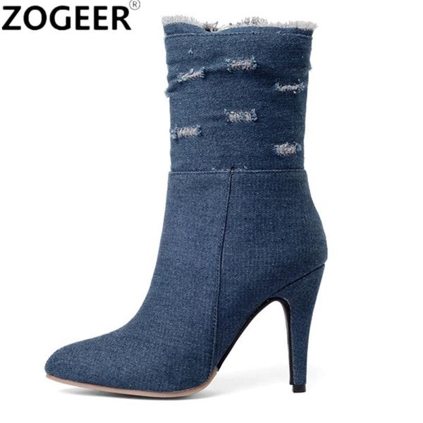 

boots blue denim ankle for woman 2021 spring high heels quality hole jeans boot pointed toe ladies shoes zipper girls, Black