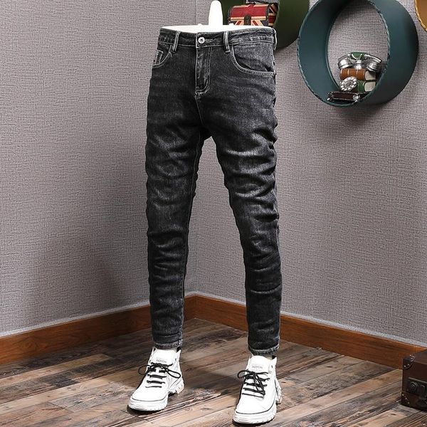 

men's jeans ly designer fashion men black color elastic slim fit vintage korean style casual denim pants, Blue