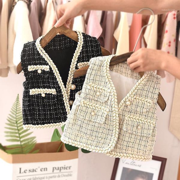 

jackets 2021 baby girls elegant plaid vest coats pearls button fashon kids girl princess wear overcoats children outfit clothes1, Blue;gray