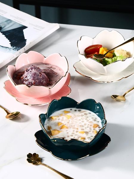 

cherry blossom ceramic bowl dessert bird's nest creative fruit ice cream sugar water silver ear soup tableware bowls