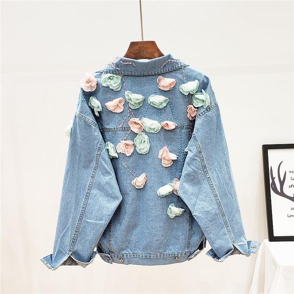 

women's jackets 2021 fashion applique flower beading women denim jacket loose casual single breasted long sleeve ladies jeans coat fema, Black;brown