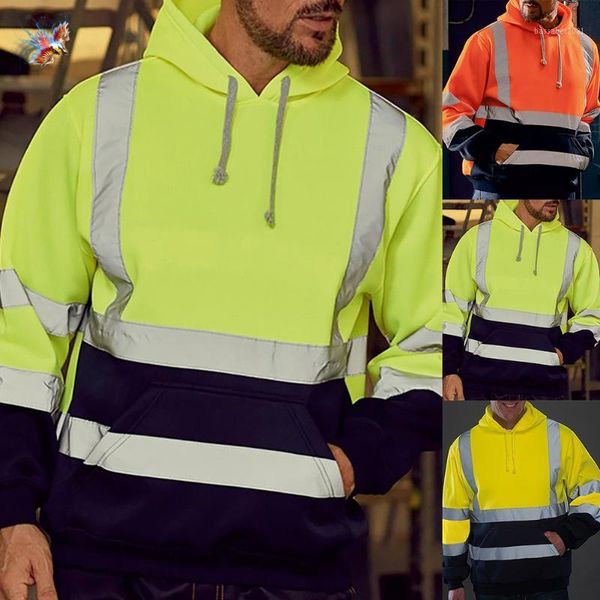 

men's hoodies & sweatshirts men sweatshirt high visibility pullover long sleeve hooded jacket fake reflective decoration belt dress up, Black