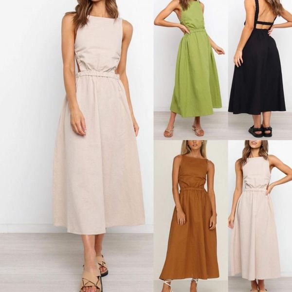 

casual dresses summer ladies sleeveless backless solid color dress one piece open back elastic waist soft long skirt, Black;gray