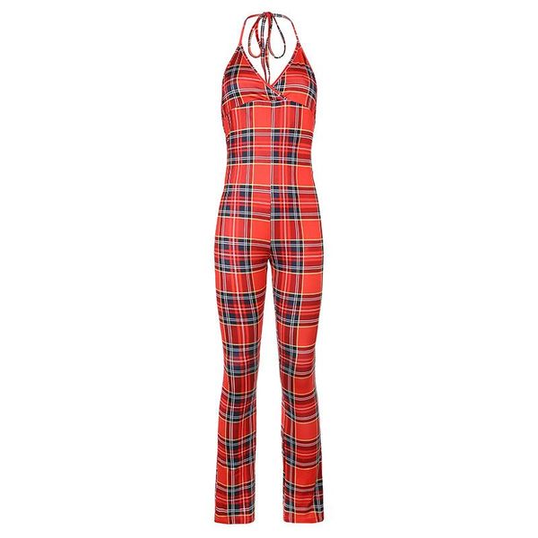 

women's jumpsuits & rompers red plaid halter jumpsuit sleeveless deep v neck one piece romper backless trousers bodycon clubwear, Black;white