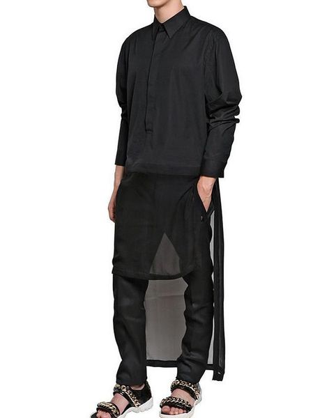 

spring men's fashion black long-sleeve slim shirt crape long hem decorate plus size singer costumes casual shirts, White;black