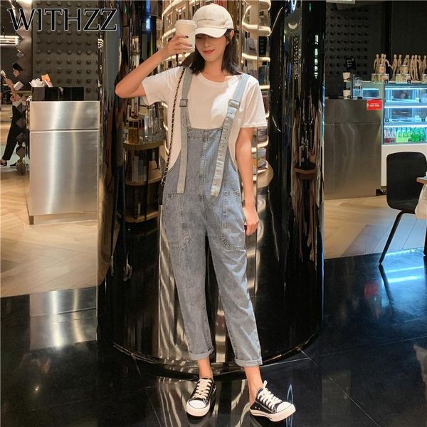 

women's jeans withzz autumn women high waist loose blue denim overalls female