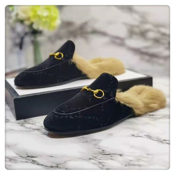 

2022 fur slippers womens shoes canvas wool slipper leather scuffs velvet princetown loafers flats with horsebit size 35-40, Black