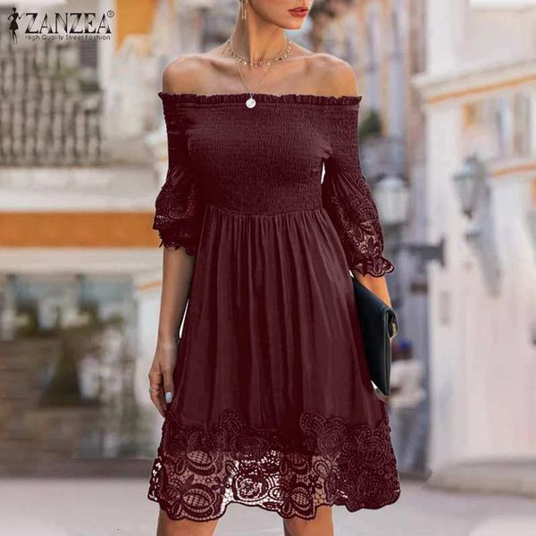 

dresses bohemian lace dress women's summer sundress 2021 off shoulder party midi vestidos female solid floral robe plus size, Black;gray