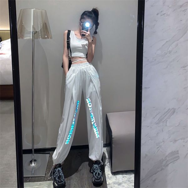 

women's jeans sports suit summer two-piece white reflective lettered harem ankle banded pants+sleeveless vest strap bare midri, Blue