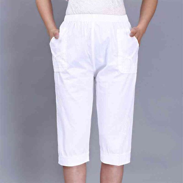 

woman spring plus size 100% cotton pants female summer oversized thin trousers women elastic waist capris lady knee length, Black;white