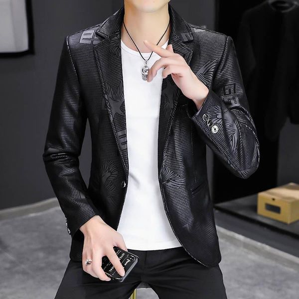 

men's suits & blazers 2021 autumn and winter fashion casual suit jacket slim korean style trendy leather black, White;black