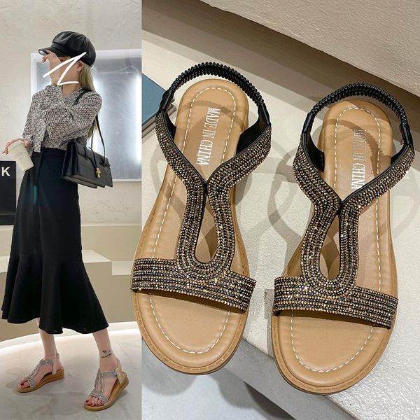 

sandals 2021 summer fashion simple pure color women's decorated with rhinestone shoes casual and comfortable, Black