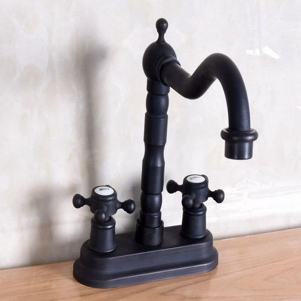 

black oil rubbed bronze 4" centerset bathroom two holes basin faucet sink mixer tap swivel spout double cross handles mnf150 faucets