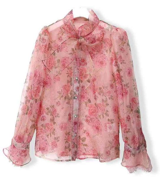 

women's blouses & shirts australia spring style silk organza bow tie and pearl buckle printing stitching lace shirt m97o, White