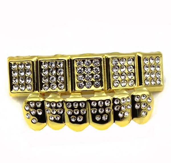 

retail-wholesale 18k gold plated cz rhinestone hip hop teeth grillz square bottom grill set bling 2 sille package wmttczi, Black
