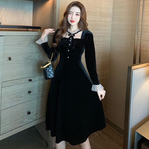 

casual dresses make winter french hepburn velvet long dress in black, Black;gray