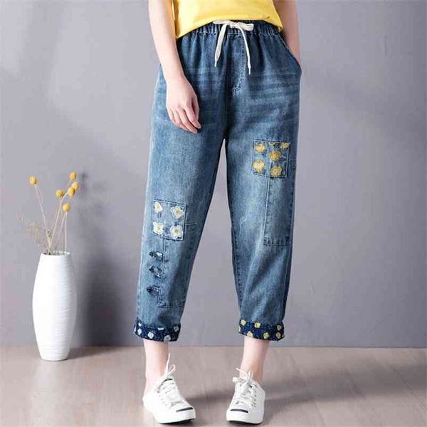 

9260 women summer fashion elastic high waist floral embroidery patchwork retro ankle length denim pant female casual loose jeans 210629, Blue
