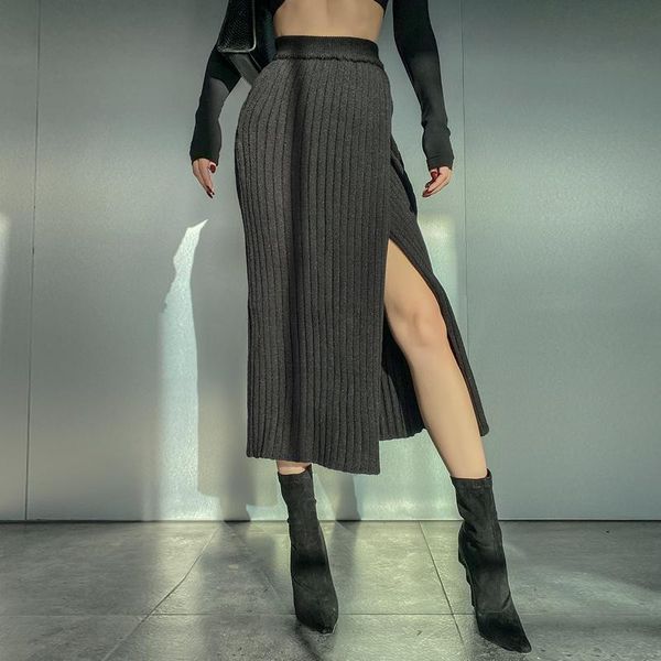 

skirts 2021 fall winter high elastic streetwear all-match thick kint split skirt women elegant solid fashion casual half, Black