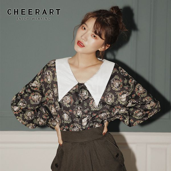 

vintage fall long sleeve blouse women lantern collar button up shirt print loose ladies japanese style 210427, White