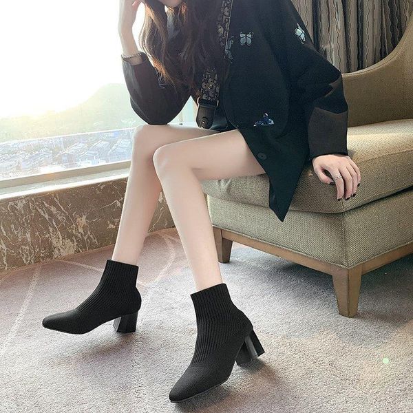 

autumn womens sock boots fashion black high heels ankle booties women casual beige square toe knitting shoes woman