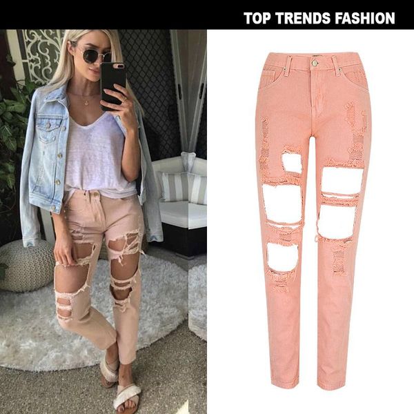 

women's jeans sweet pink irregular ripped loose leisure clothes for women, Blue