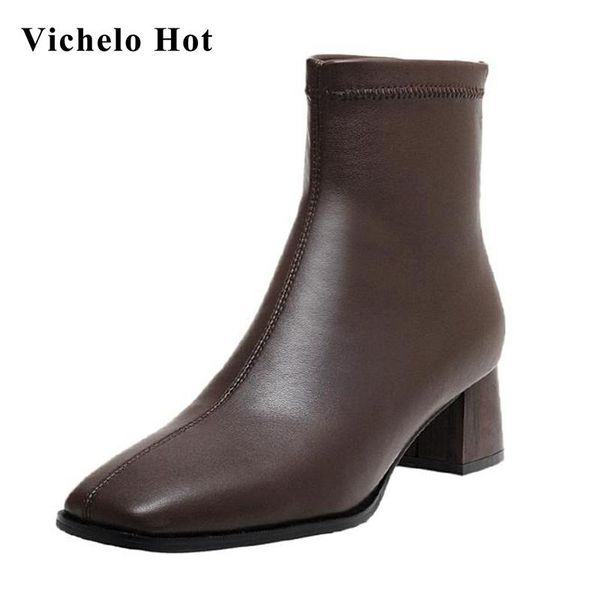 

boots vichelo large size short microfiber three colors square toe thick med heel zipper pretty girls carrer ankle l10, Black