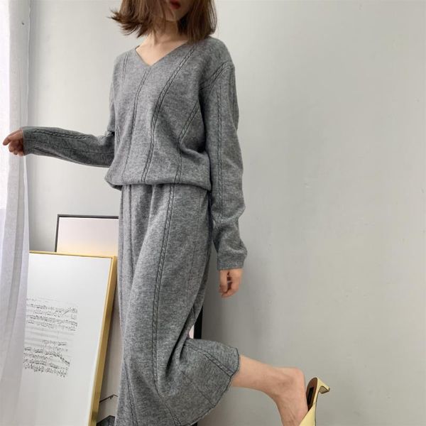

casual dresses 2021 fashion spring autumn women knitted loose dress large size high street v neck wrist sleeve stretch mid-calf, Black;gray