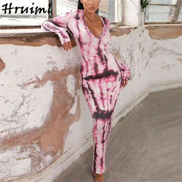 

vintage tie dye print women long sleeve dress v neck bodycon slim maxi autumn plus size casual streetwear robe 210513, Black;gray