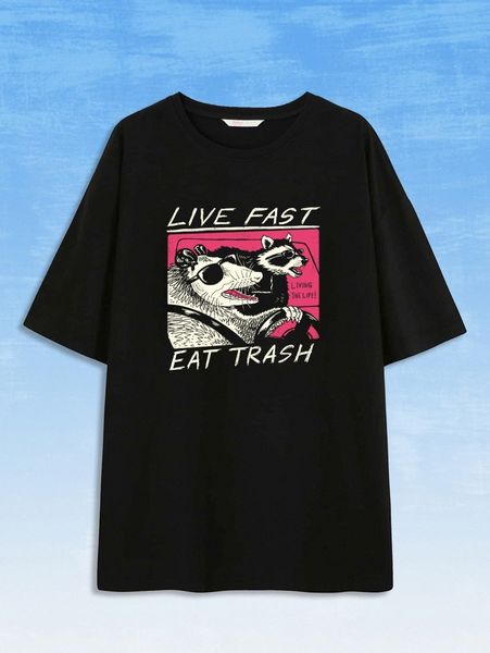 

romwe x vincenttrinidadart slogan animal graphic drop shoulder tee 86ry#, White