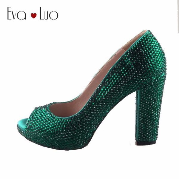 

dress shoes chs891 dhl custom made green crystal bridal wedding block heel open toe women pumps, Black