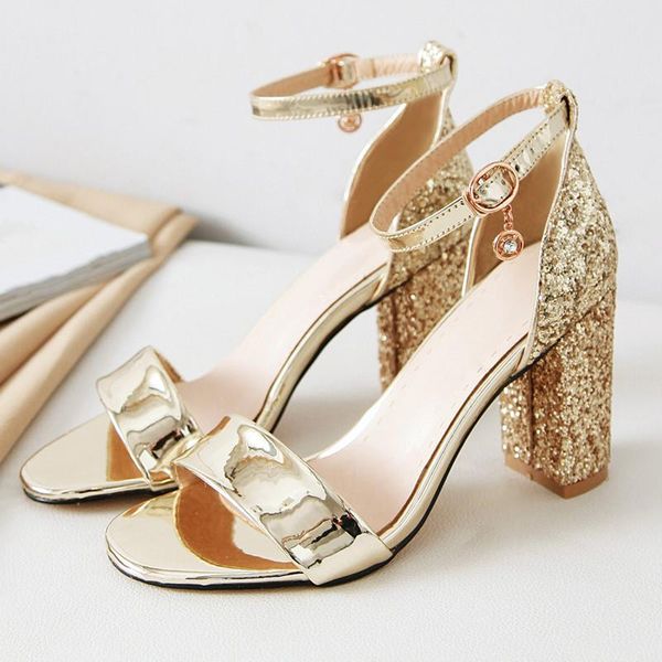 

summer sandals women fashion block high heels sequined party wedding shoes silver gold large size 44 45 46 47 48, Black