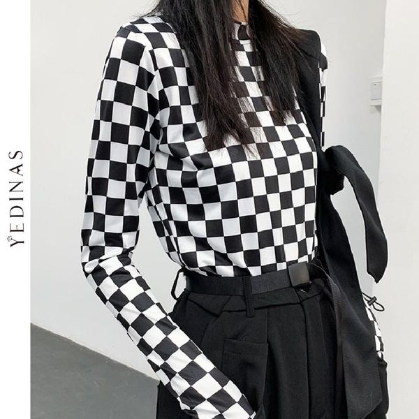 

women's t-shirt yedinas ins checkerboard female spring autumn harajuku streetwear long-sleeved shirt loose casual gothic tshirt slim 90, White
