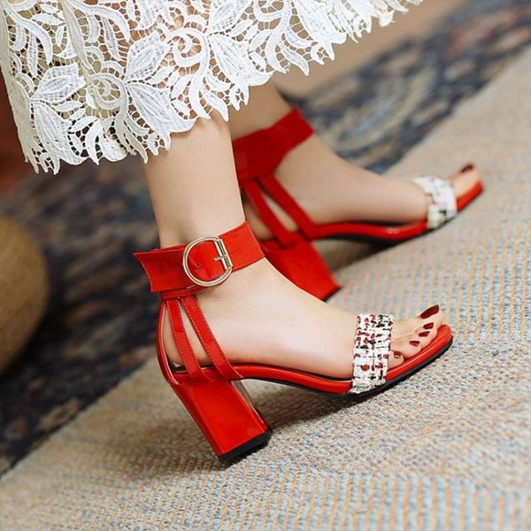 

sandals ochanmeb elegant women summer brand designer tweed woman ankle wrap metal buckled cut hollow out nude red high heel shoe, Black