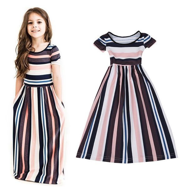 

dress girl new color stripes childrens short sleeved waist dress, Red;yellow