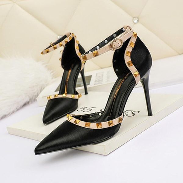 

dress shoes 2021 summer women high heels pointed toe pumps rivet ankle strap thin female sandals fashion ladies shoe party, Black