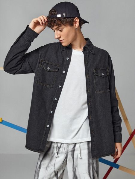 

men flap pocket denim shirt 87cs#, Blue