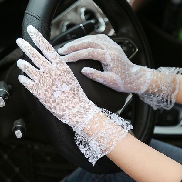 

five fingers gloves trendy white black bride party lace short bow women elegant floral summer sun protection driving mittens, Blue;gray