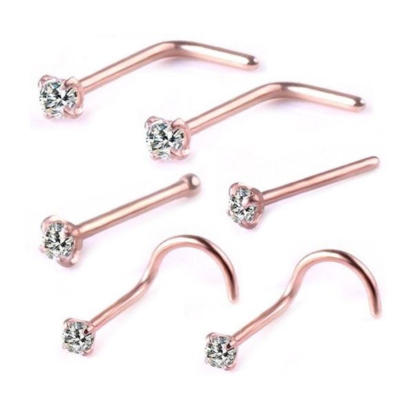 

6pcs surgical steel zircon gem bone nose stud piercing earring anodized rose gold color nose ring prong nose body jewelry 345 q2, Silver