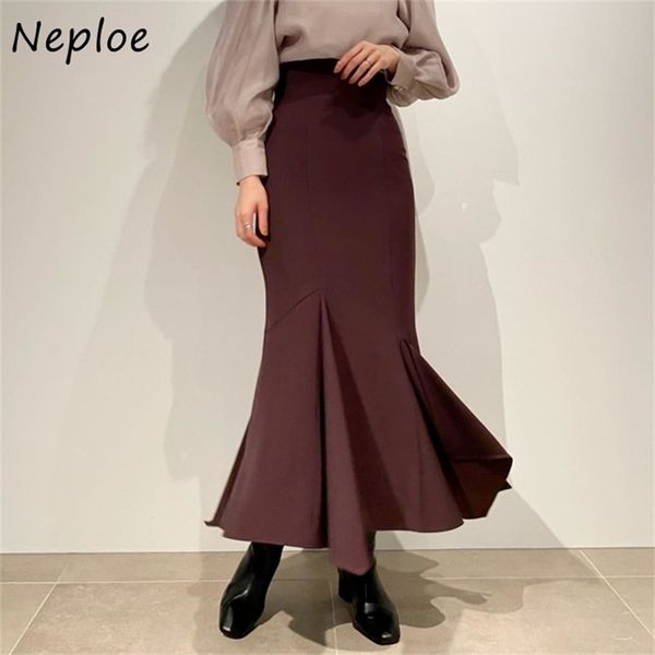 

neploe autumn winter women jupes japanese temperament faldas solid high waist irregular folds slit mermaid skirts 211119, Black