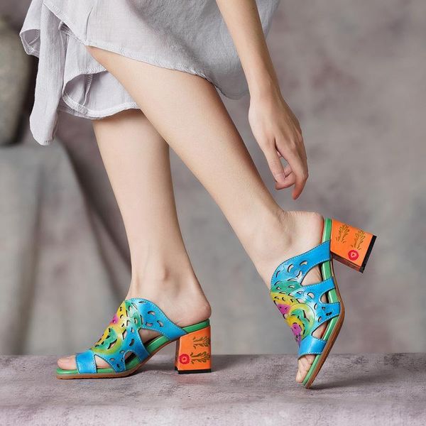 

slippers 2021 female shoes high heel slides woman peep toe genuine leather block casual sandals lady slipper plus size, Black