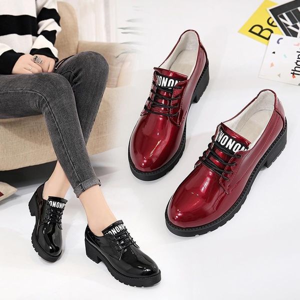 

dress shoes patent leather fashion casual trend lace up outdoor non-slip round head women platform heels, Black