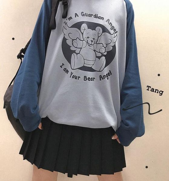 

women's hoodies & sweatshirts bear angel winter loose hooded sweatshirt long sleeve pullovers cute light bllue deep blue patchwork, Black