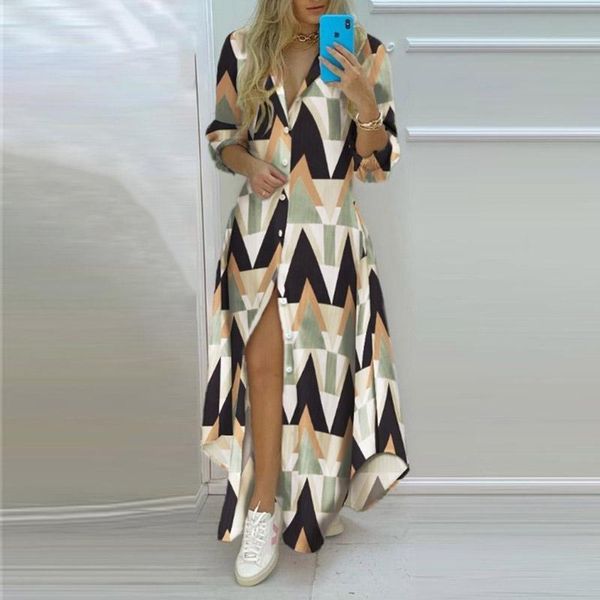 

casual dresses elegant retro printed long shirt dress women fashion turn-down collar button party office lady irregular, Black;gray