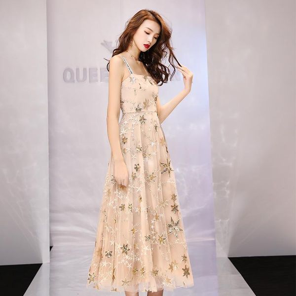 

bling sequins stars women birthday party dresses spring summer evening lace dress mid-length pleated skirt strap gown ethnic clothing, Red