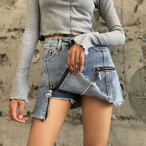 

summer women's denim skirts autumn side slit zipper denim skirt female hole casual solid mini blue skirt for women 210514, Black