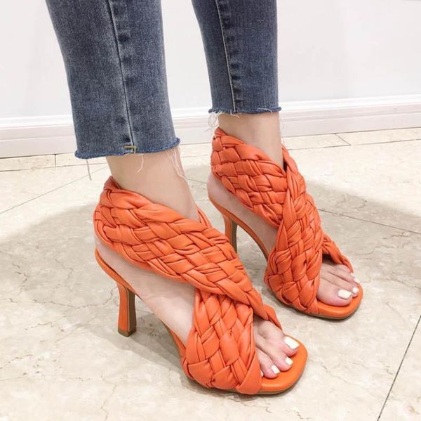 

design women's shoes 2021 summer slippers fashion cross-woven square toe roman stiletto high-heeled sandals, Black