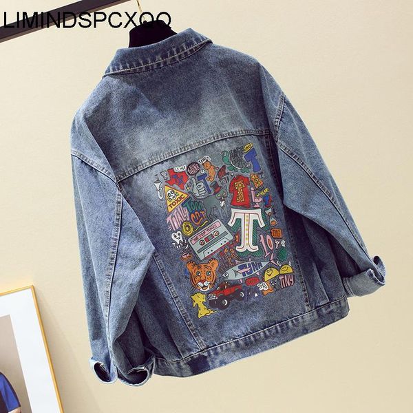 

women's jackets denim womens 2021 print fashion ins loose bf jeans coats clothes autumn long sleeve ladies outerwear chaqueta mujer, Black;brown