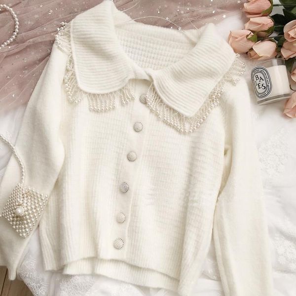

korean white cardigan heavy pearl tassel sweater for women cute student coat cardigans turn-down collar knit pull femme 210522