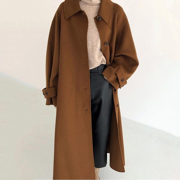

women's wool & blends [ewq] 2021 winter korean chic long overcoat elegant turn-down collar single breasted solid warm woolen coat zt148, Black